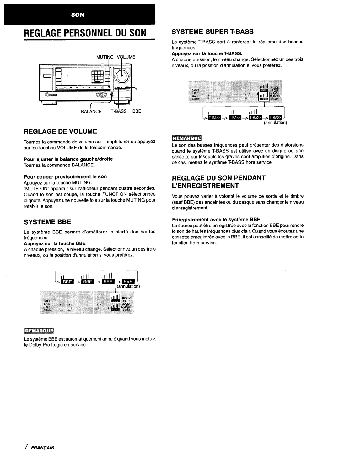 Aiwa AV-X220 manual Reglage Personnel DU SON, Systeme Super T-BASS, Reglage DE Volume, Systeme BBE 