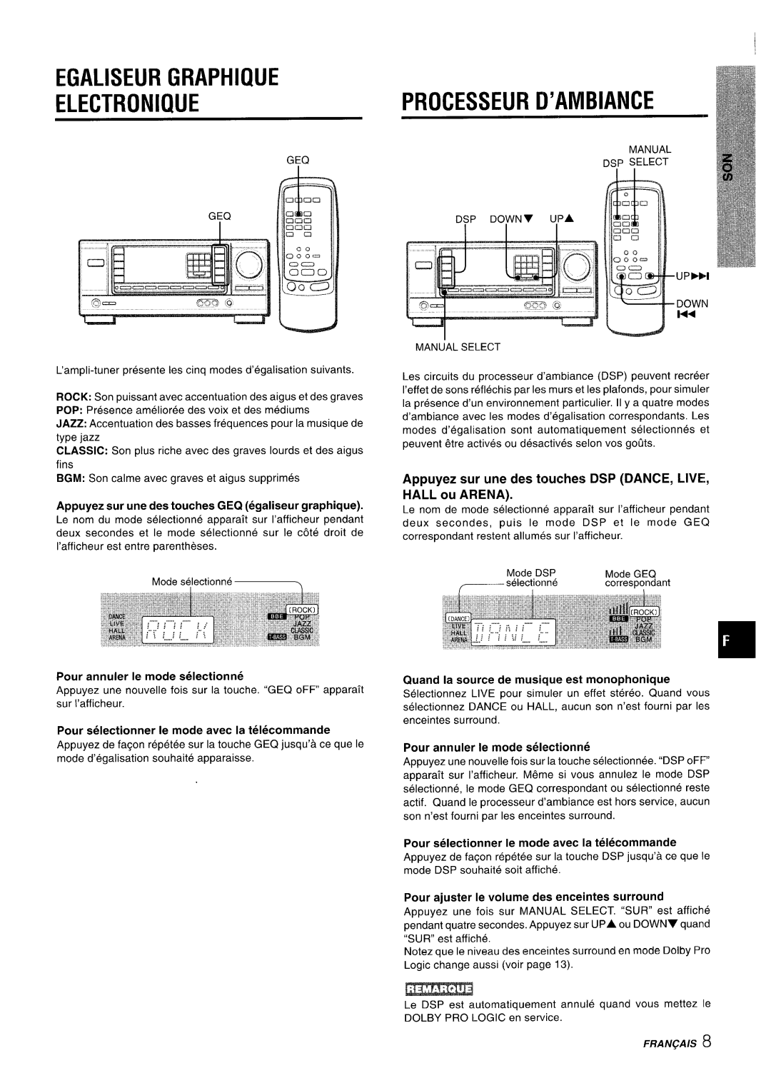 Aiwa AV-X220 manual Egaliseur Graphique Electronique, Processeur D’AMBIANCE, Appuyez sur une des touches DSP DANCE, Live 