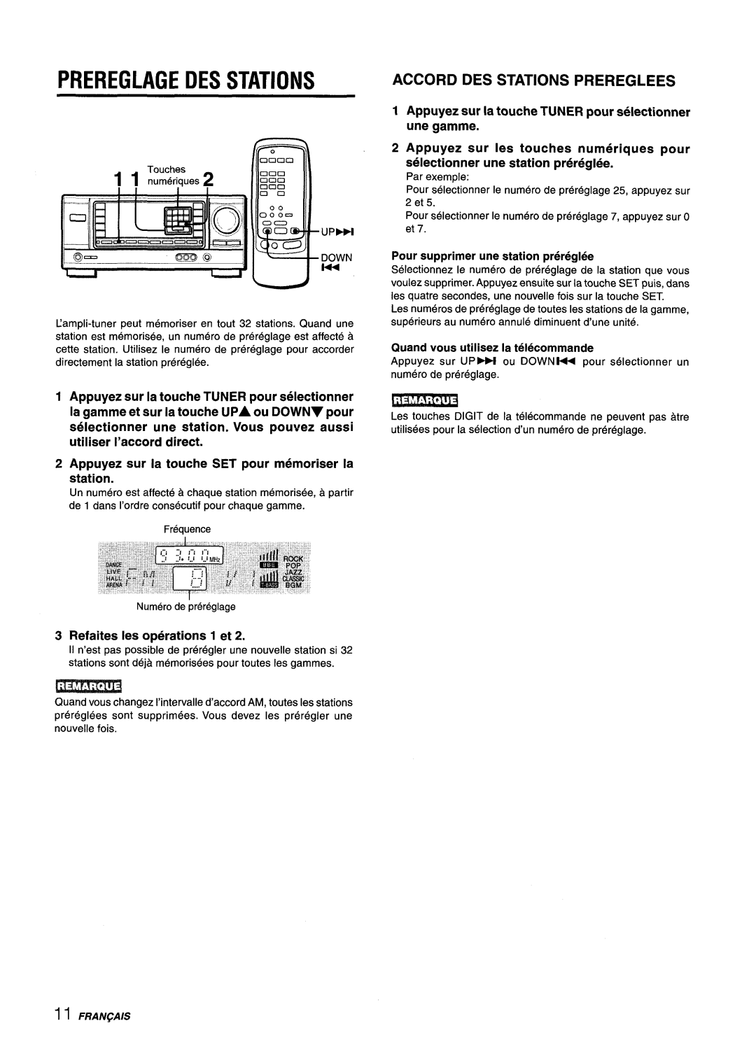 Aiwa AV-X220 manual Prereglage DES Stations, Accord DES Stations Prereglees, Quand vous utilisez la telecommande 