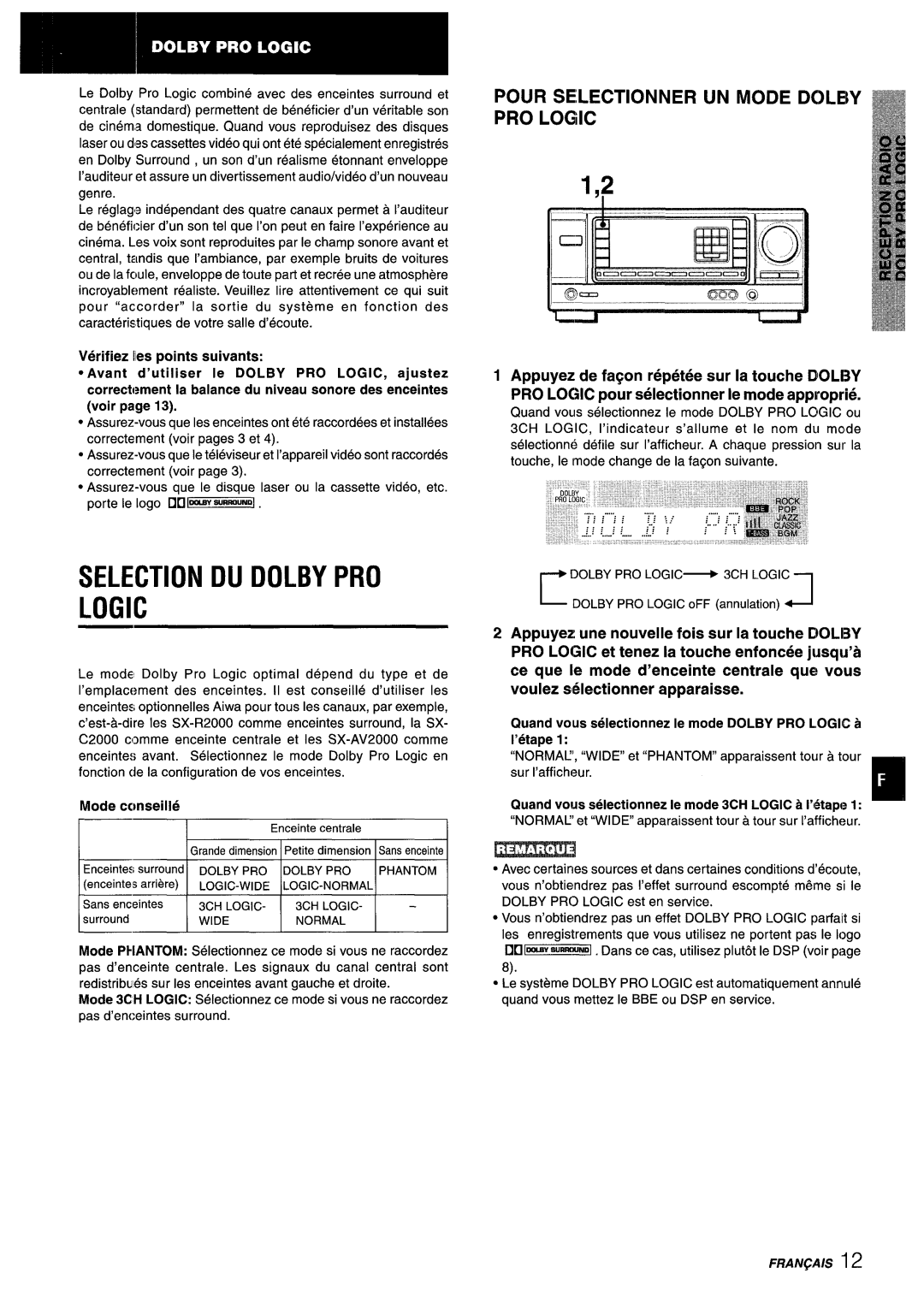 Aiwa AV-X220 manual Selection DU Dolby PRO Logic, Pour SE,LECTIONNER UN Mode Dcleiy 