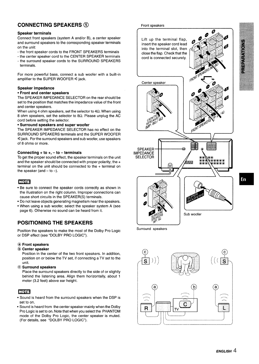 Aiwa AV-X220 manual Connecting Speakers @, Positioning the Speakers 