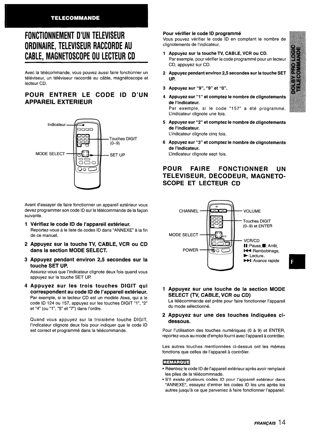 Aiwa AV-X220 manual Pour Entrer LE Code ID D’UN Appareil Exterieur, Verifiez Ie code ID de I’appareil exterieur 