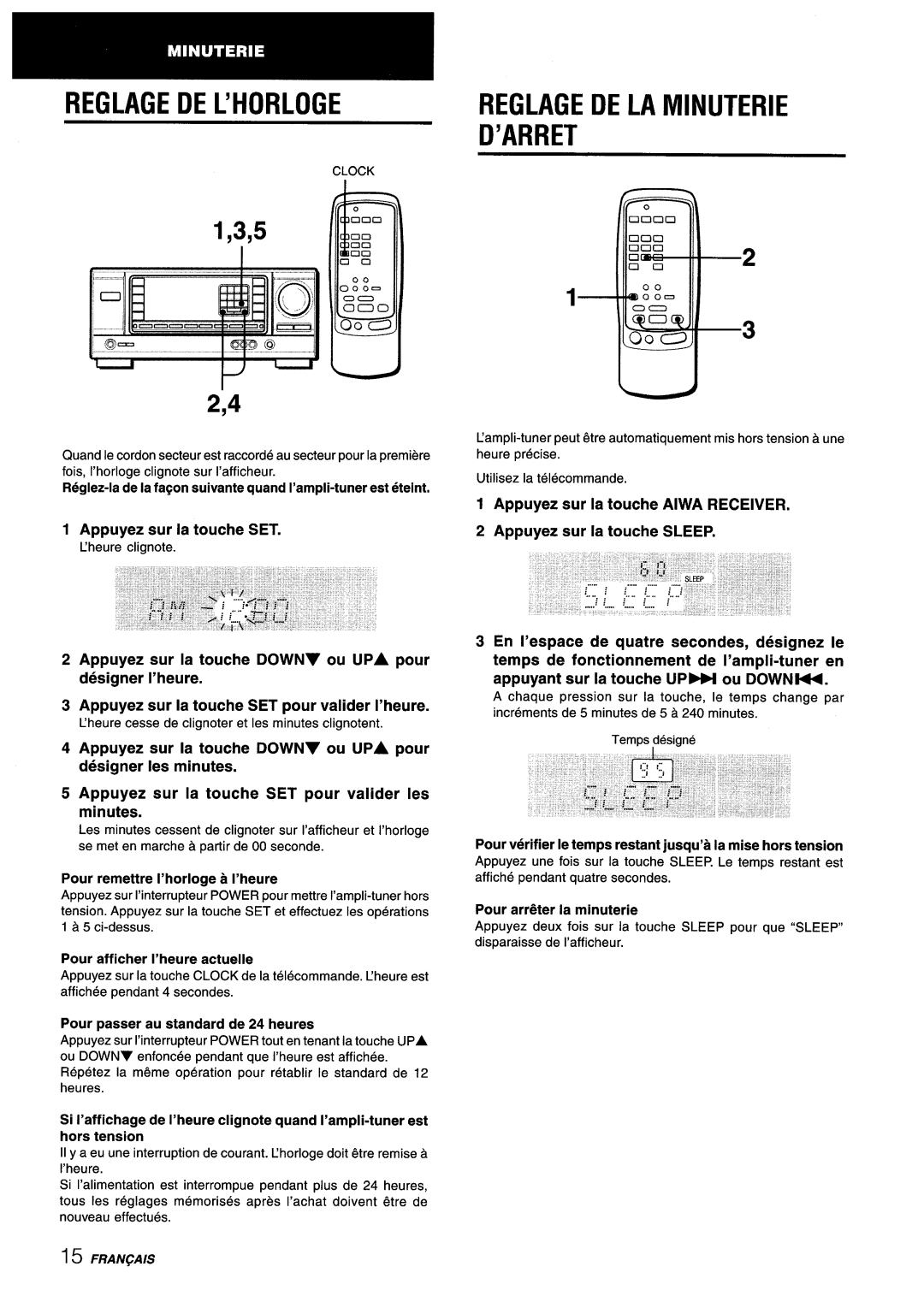 Aiwa AV-X220 manual Reglagedel’Horloge, Reglage DE LA Minuterie ’ARRET, Appuyez sur la touche SET, Clock 