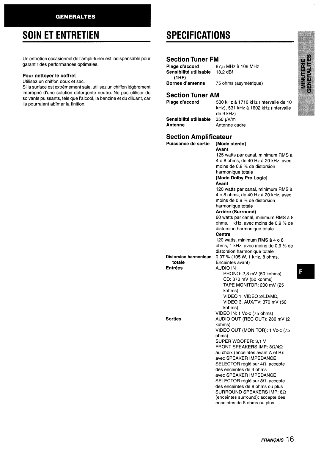 Aiwa AV-X220 manual Soin ET Entretien, Section Tuner AM, Section Amplificateur 