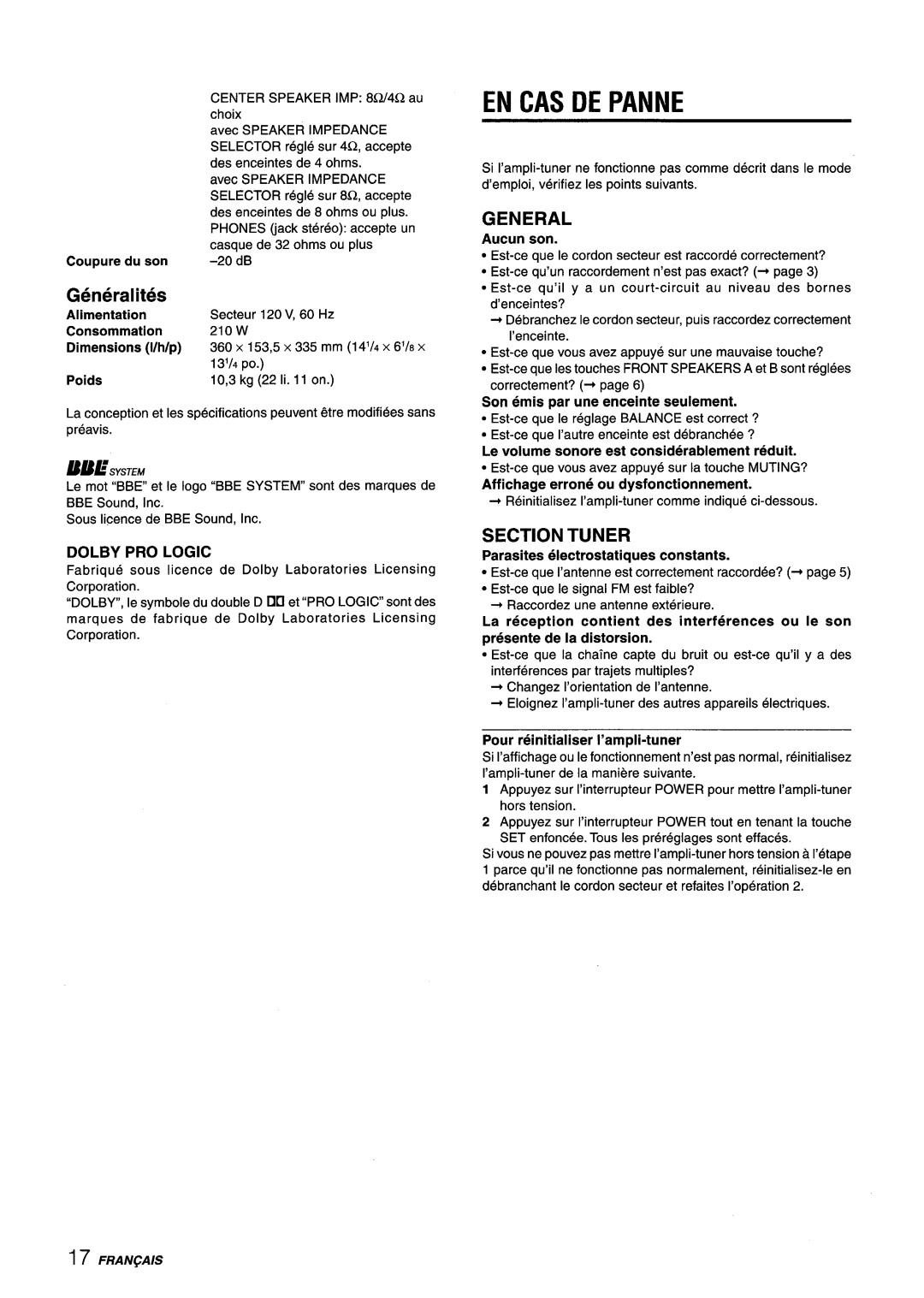 Aiwa AV-X220 manual EN CAS DE Panne, Generalities, Section Tuner 