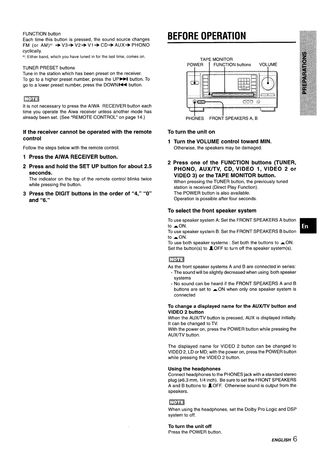 Aiwa AV-X220 manual Before Operation, If the receiver cannot be operated with the remote control 