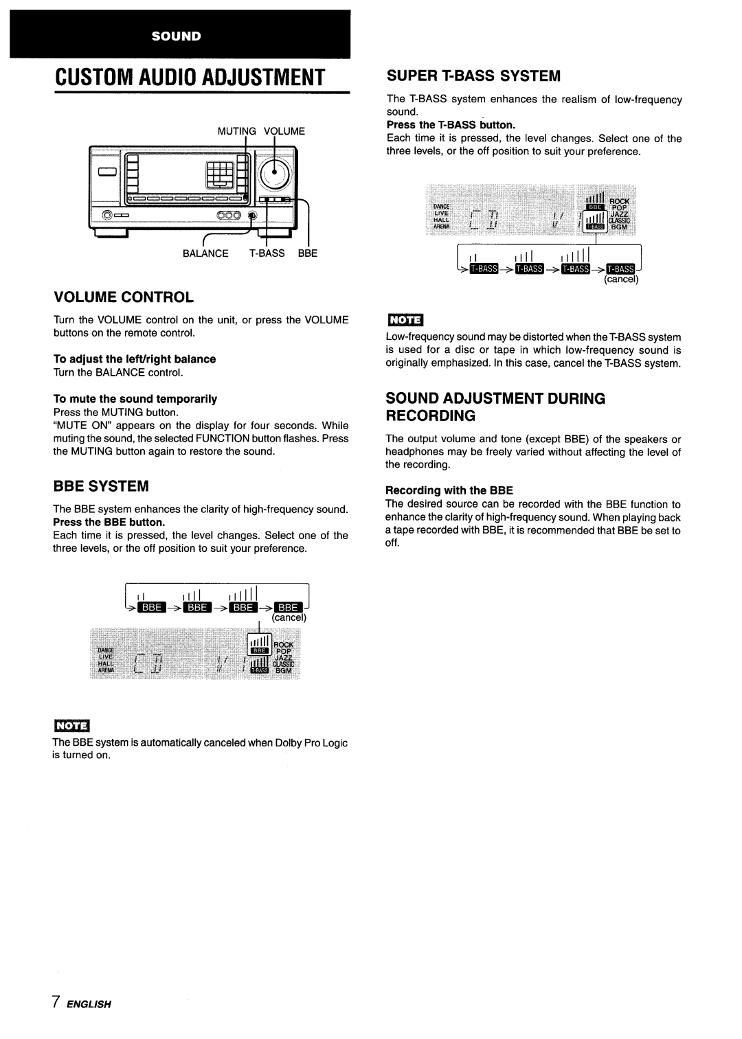 Aiwa AV-X220 manual Custom Audio Adjustment, Volume Control, BBE System, To mute the sound temporarily 