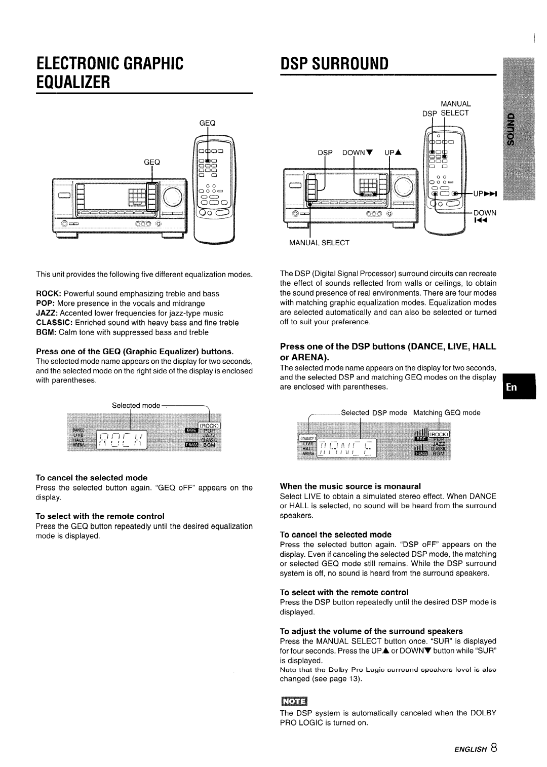 Aiwa AV-X220 manual Electronic Graphic DSP Surround Equalizer, Press one of the DSP buttons DANCE, LIVE, Hall or Arena 