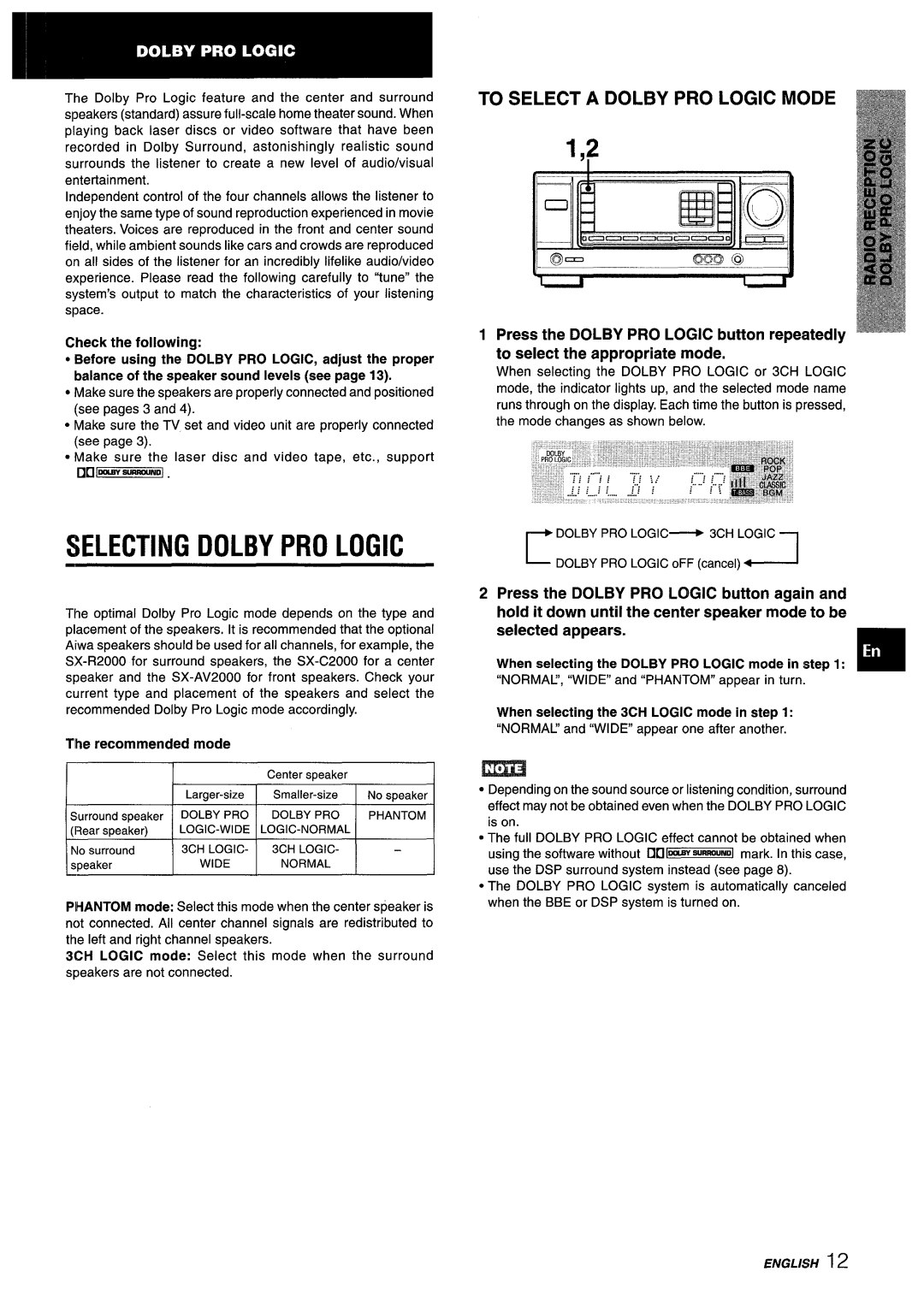 Aiwa AV-X220 manual Selecting Dolby Pro Logic, To Select A Dolby Pro Logic Mode 