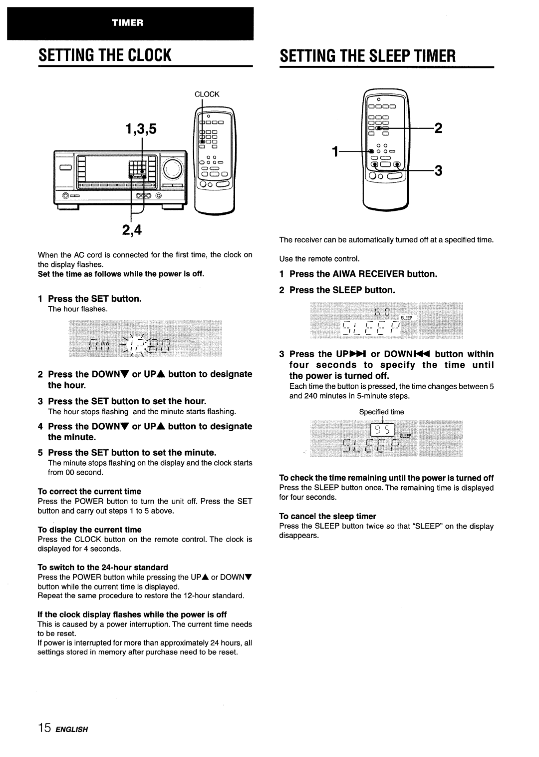 Aiwa AV-X220 manual Setting The Clock, Setting The Sleep Timer, Press the SET button to set the hour, f~ --+ 