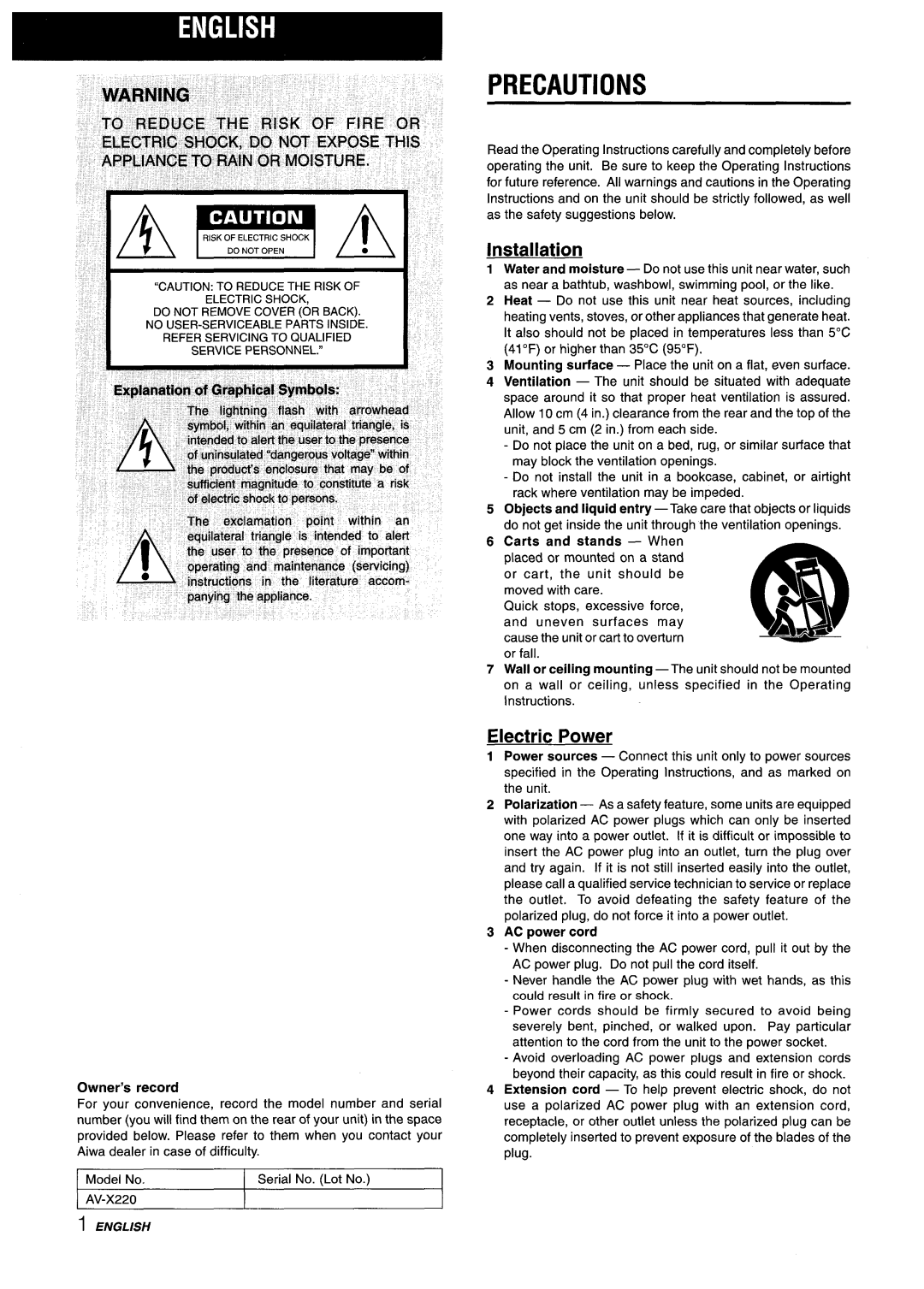 Aiwa AV-X220 manual Precautions, Installation, Electric Power, Owner’s record, AC power cord 