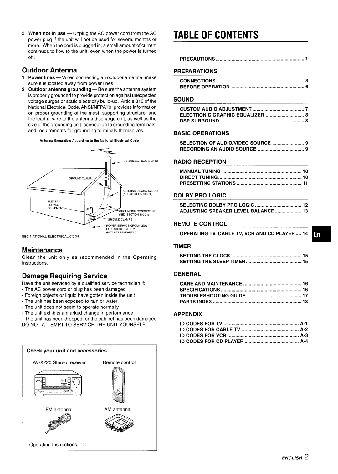 Aiwa AV-X220 manual =lFANTENNALEAD, Table Of Contents, Outdoor Antenna, Maintenance, Damaqe Requirinq Service, Preparations 