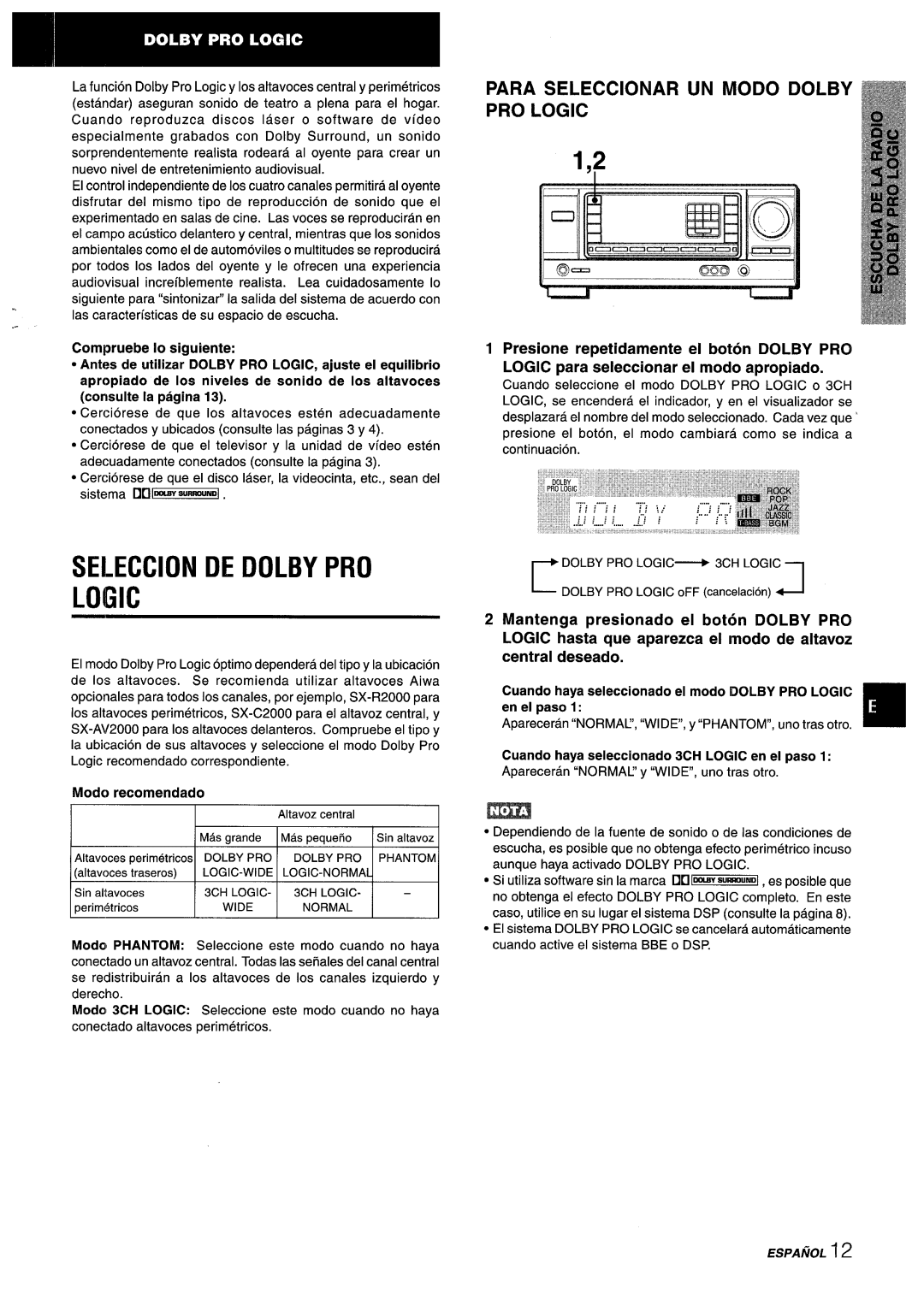Aiwa AV-X220 Seleccion De Dolby Pro Logic, Para Seleccionar Un Modo Dolby Pro Logic, central deseado, Modo recomendado 