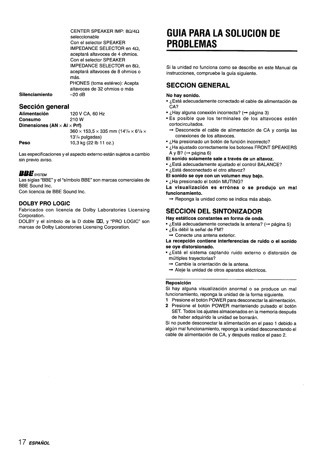 Aiwa AV-X220 manual Guia Para La Solucion De Problemas, general, Seccion General, Seccion Del Sintonizador, V CA, 60 Hz 