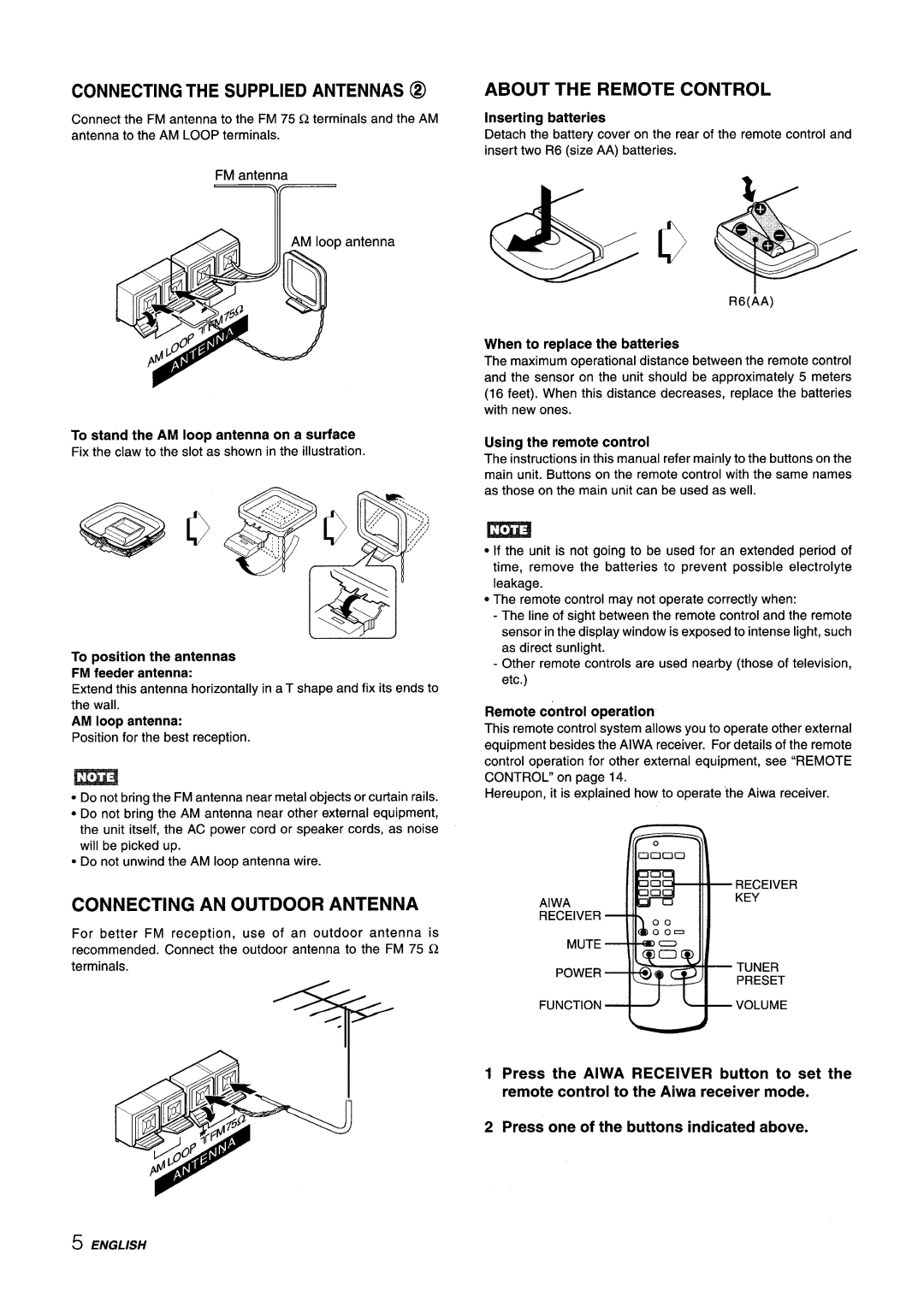 Aiwa AV-X220 Connecting An Outdoor Antenna, Connecting The Supplied Antennas @, About The Remote Control, AM loop antenna 