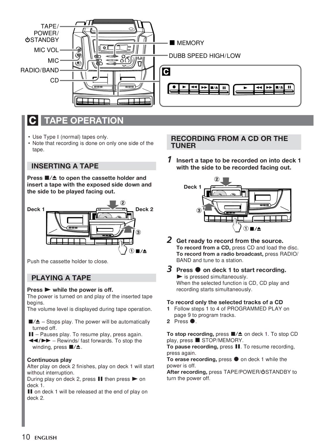 Aiwa CA-DW538 operating instructions Tape Operation, Inserting a Tape, Playing a Tape, Recording from a CD or Tuner 