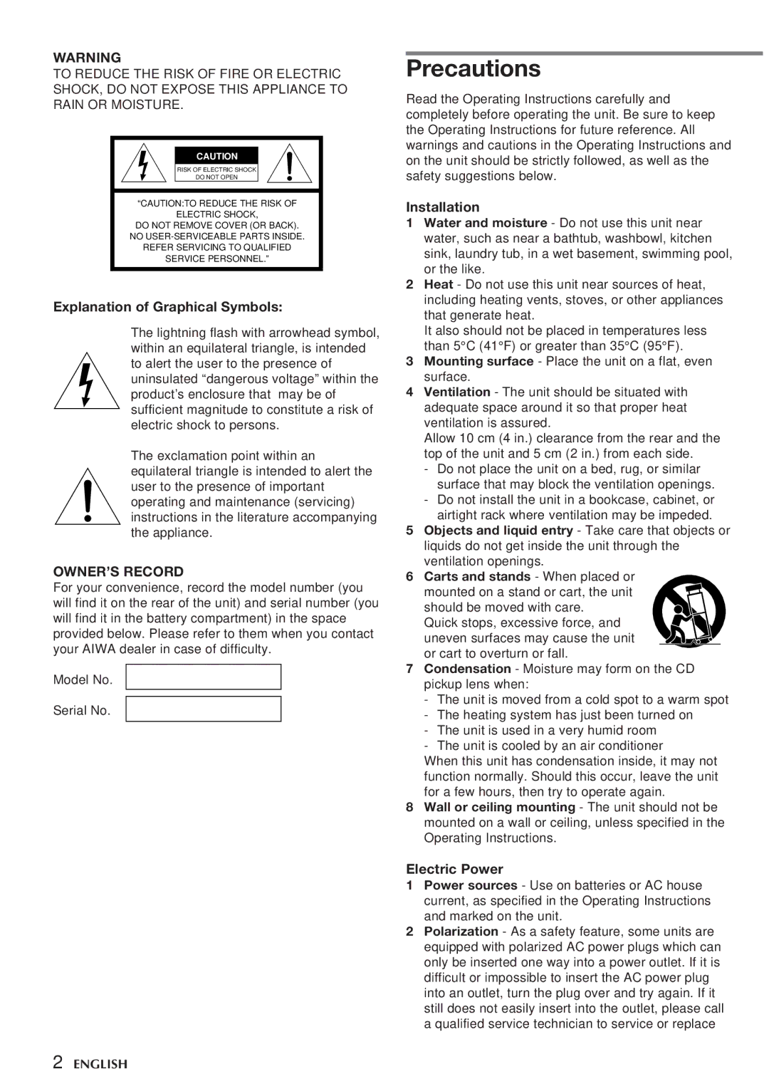 Aiwa CA-DW538 Precautions, Explanation of Graphical Symbols, OWNER’S Record, Installation, Electric Power 