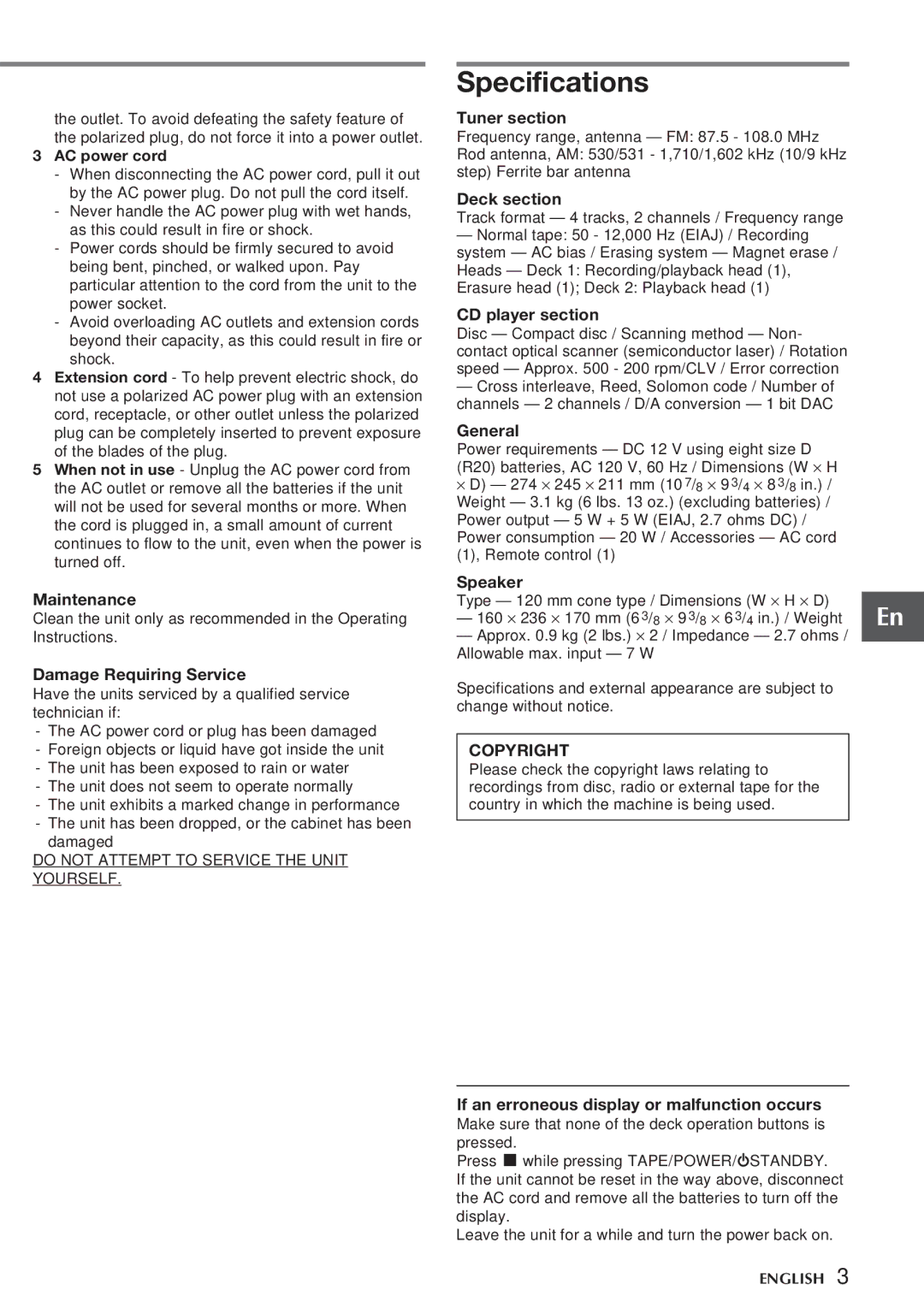 Aiwa CA-DW538 operating instructions Specifications, Copyright 