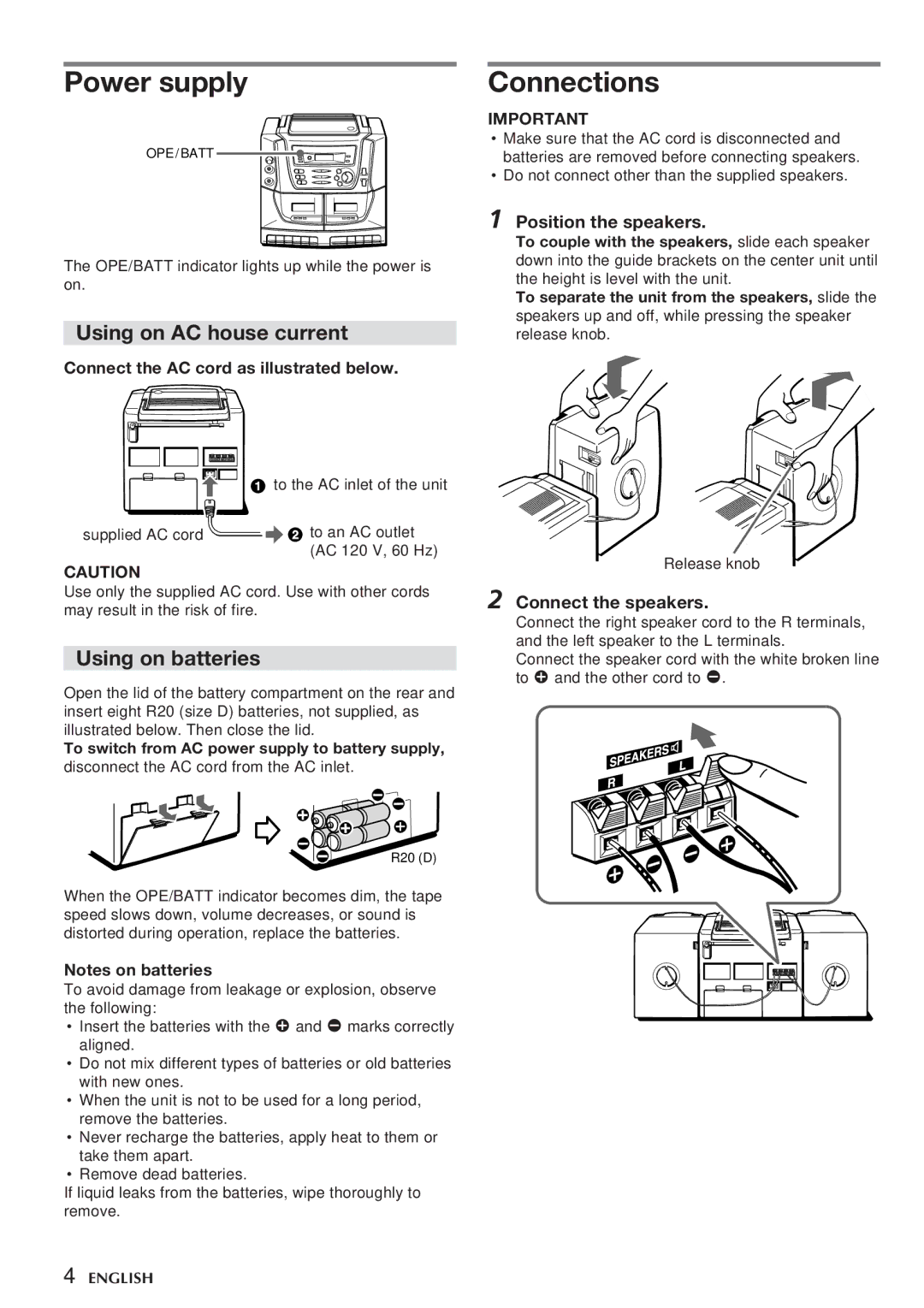 Aiwa CA-DW538 operating instructions Power supply, Connections, Position the speakers, Connect the speakers 