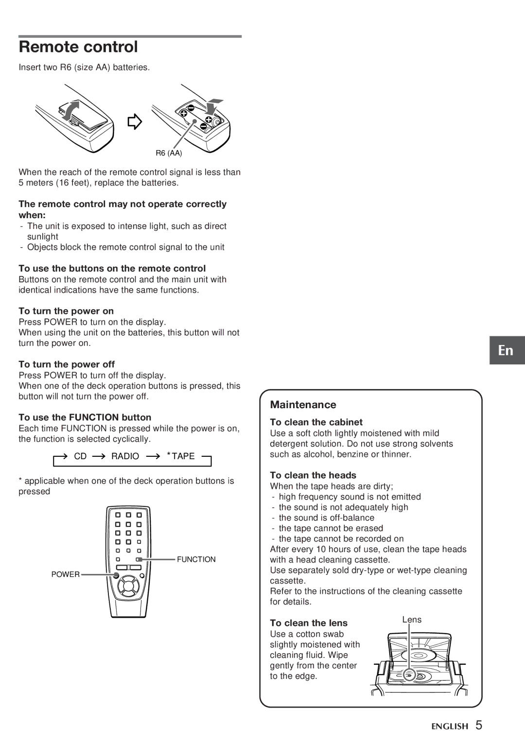 Aiwa CA-DW538 operating instructions Remote control, Maintenance 