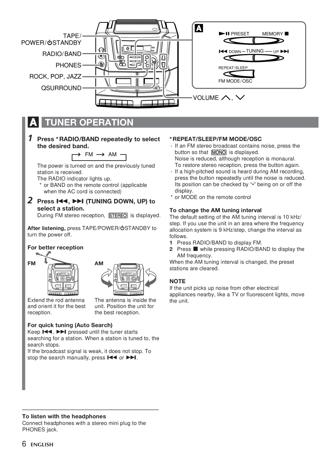 Aiwa CA-DW538 Tuner Operation, Press *RADIO/BAND repeatedly to select the desired band, Repeat/Sleep/Fm Mode/Osc 