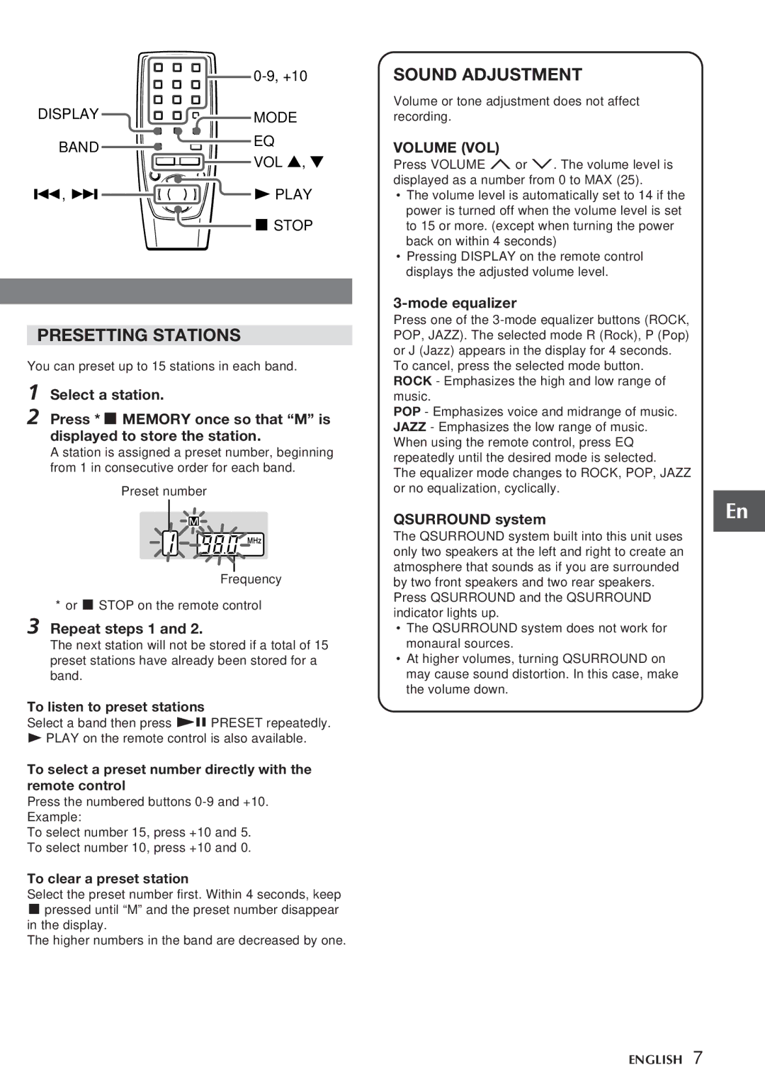 Aiwa CA-DW538 Presetting Stations, Sound Adjustment, Repeat steps 1, Mode equalizer, Qsurround system 