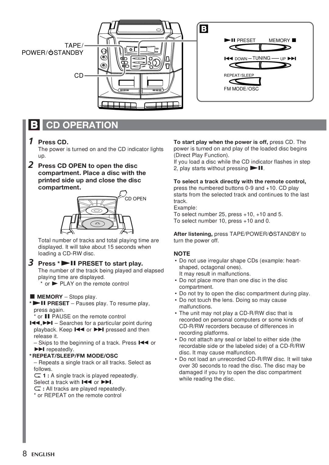 Aiwa CA-DW538 operating instructions CD Operation, Press CD, Press * e Preset to start play, Repeat/Sleep/Fm Mode/Osc 