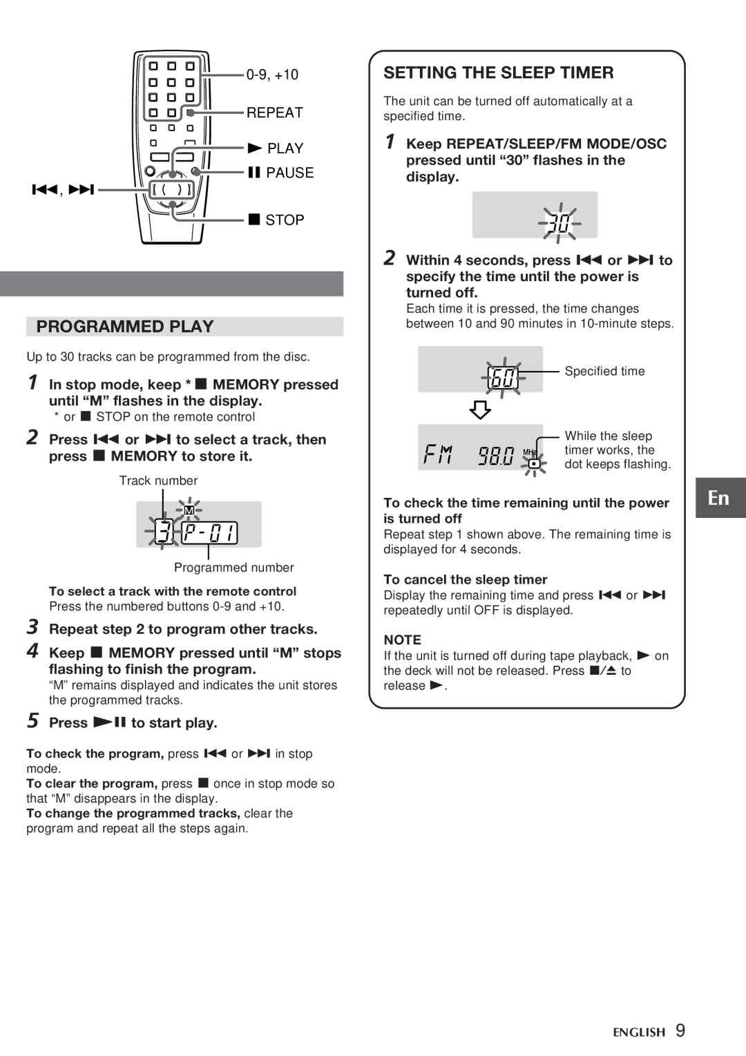 Aiwa CA-DW538 Programmed Play, Setting the Sleep Timer, Press e to start play, To cancel the sleep timer 