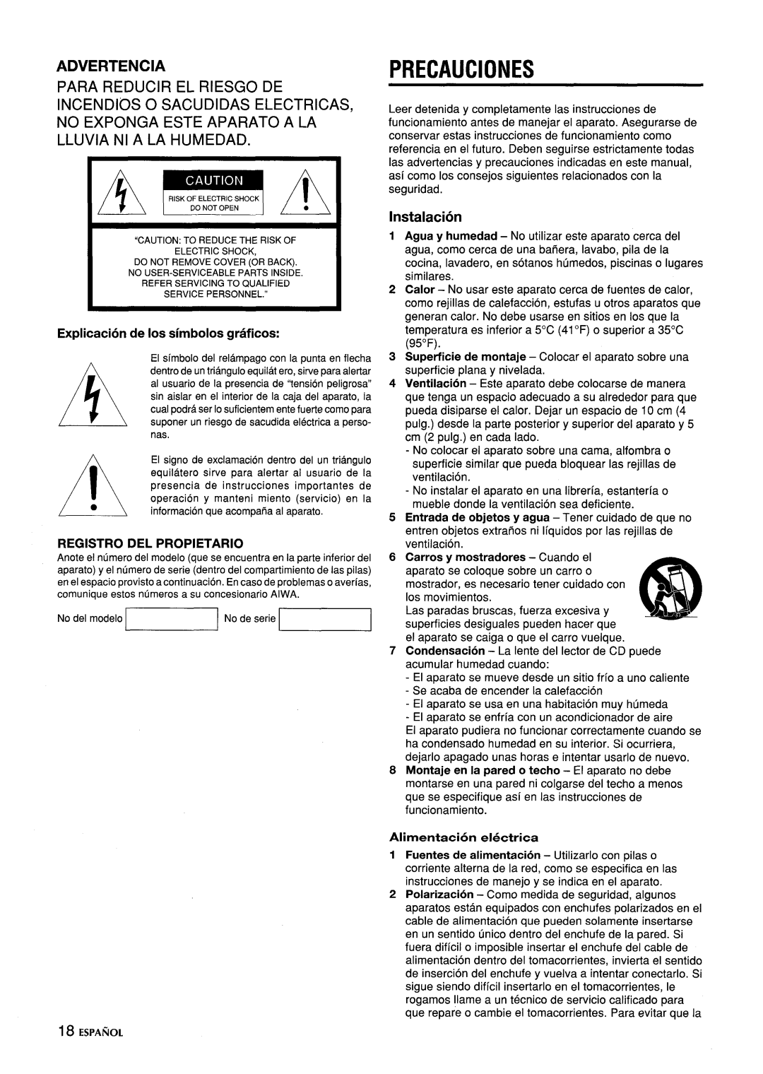 Aiwa CA-DW635 manual Precauciones, Explication de Ios simbolos graficos, Instalacion, Registro, DEL Propietario 