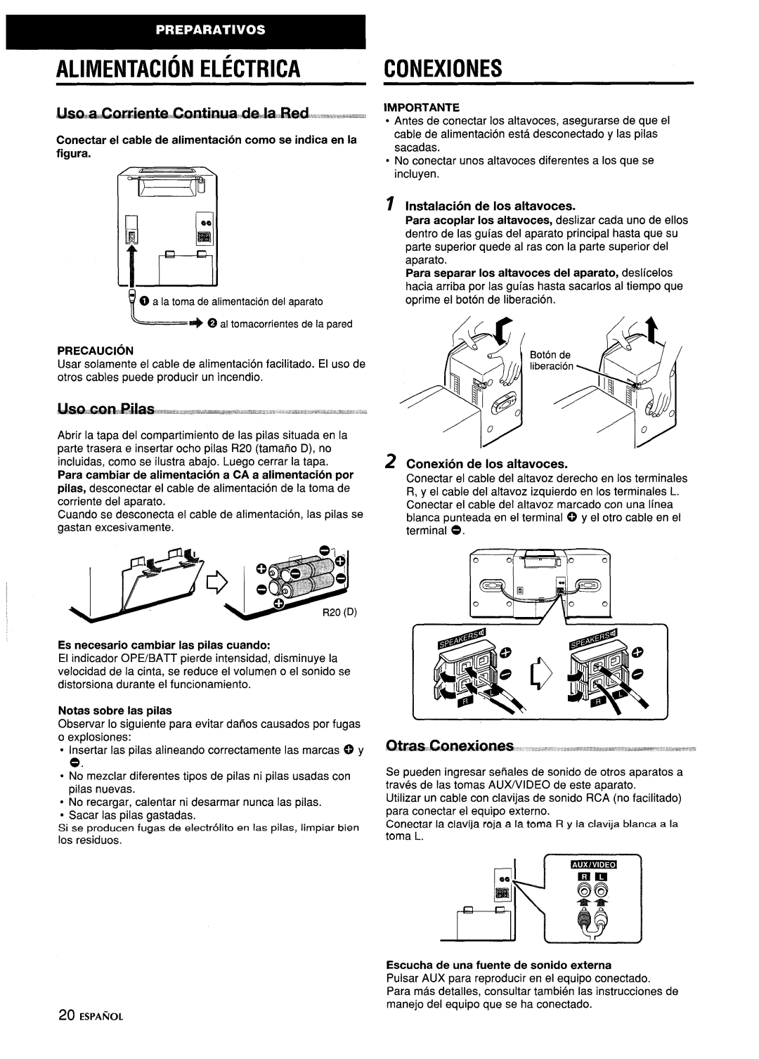 Aiwa CA-DW635 manual Alimentacion Electricaconexiones, Para cambiar de alimentacion a CA a alimentacion por 