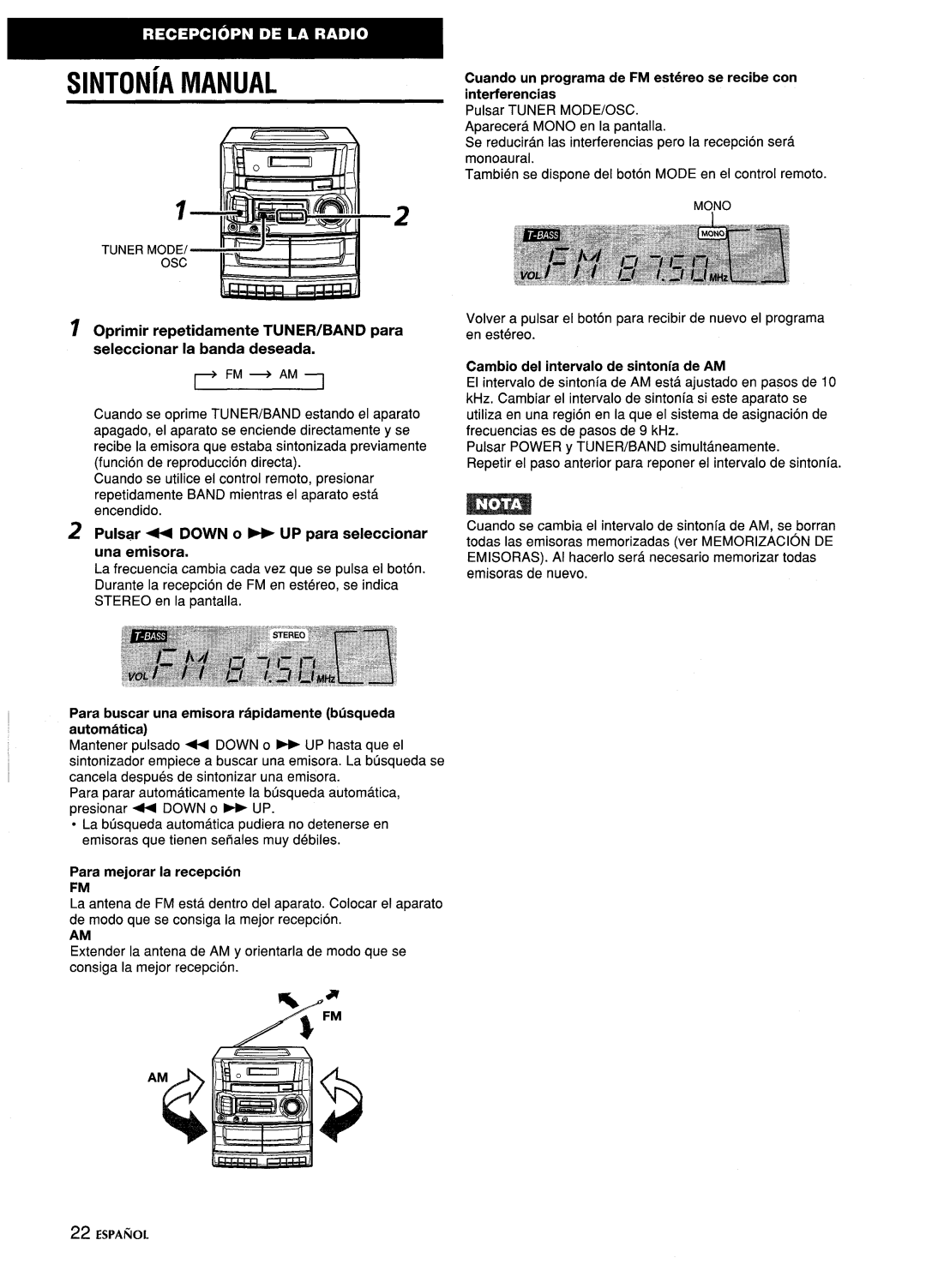 Aiwa CA-DW635 manual Tuner Mode, Pulsar+ Down 0- UP para seleccionar una emisora, Cambio del intervalo de sintonia de AM 