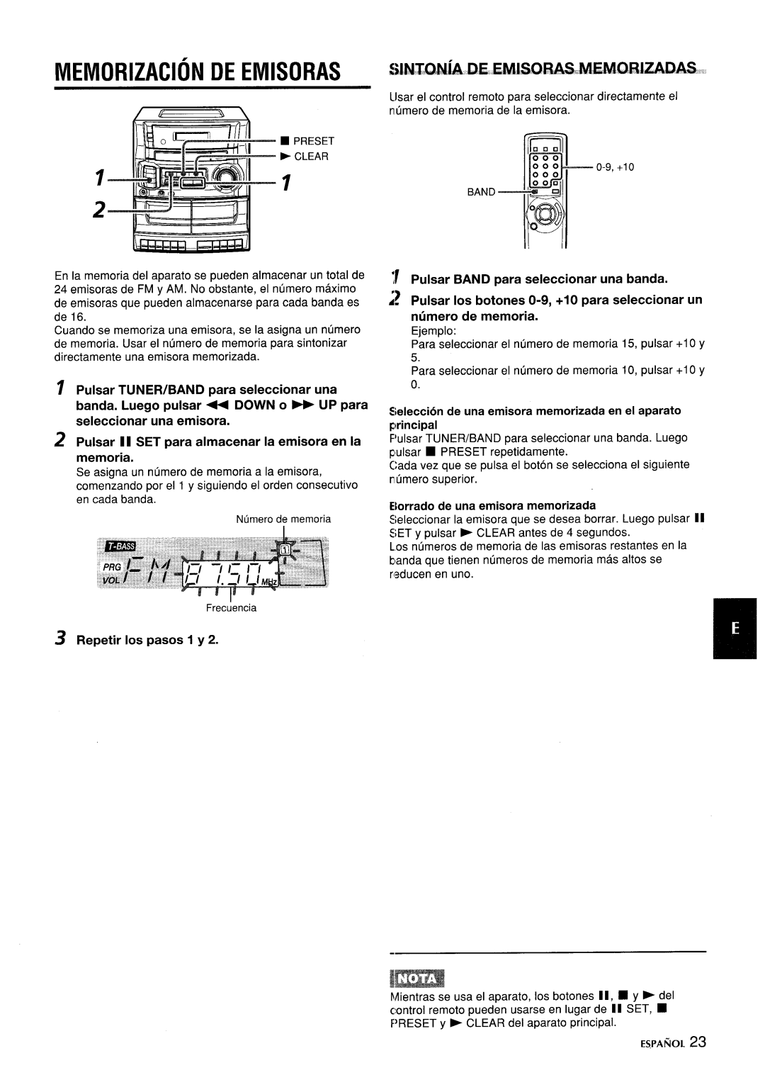 Aiwa CA-DW635 manual Memorization DE Emisoras, Preset Clear, $,elecci& de una emisora memorizada en e! aparato principal 