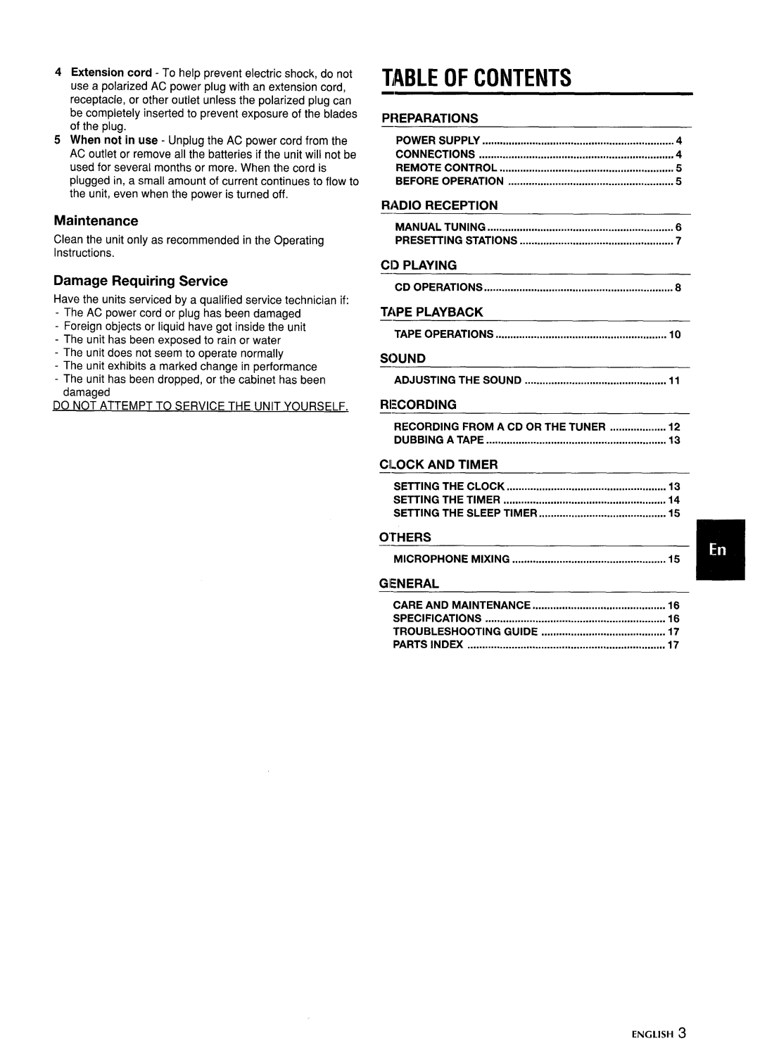 Aiwa CA-DW635 manual Table of Contents 