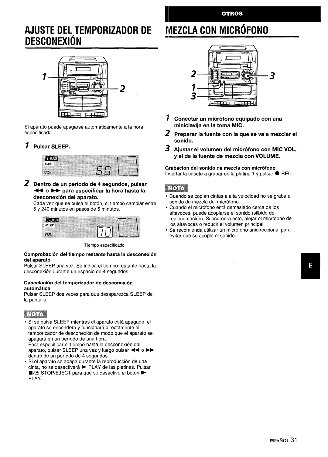 Aiwa CA-DW635 manual Ajuste DEL Temporizador DE Desconexion, Mezcla CON Microfono 