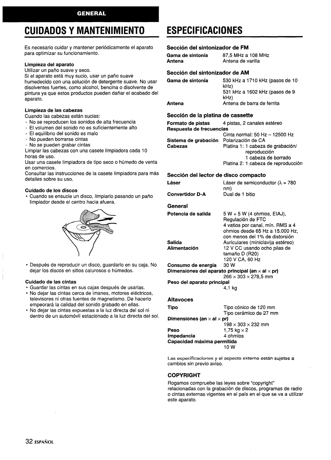 Aiwa CA-DW635 manual Cuidados Y Mantenimiento Especificaciones, Copyright, Espanol 