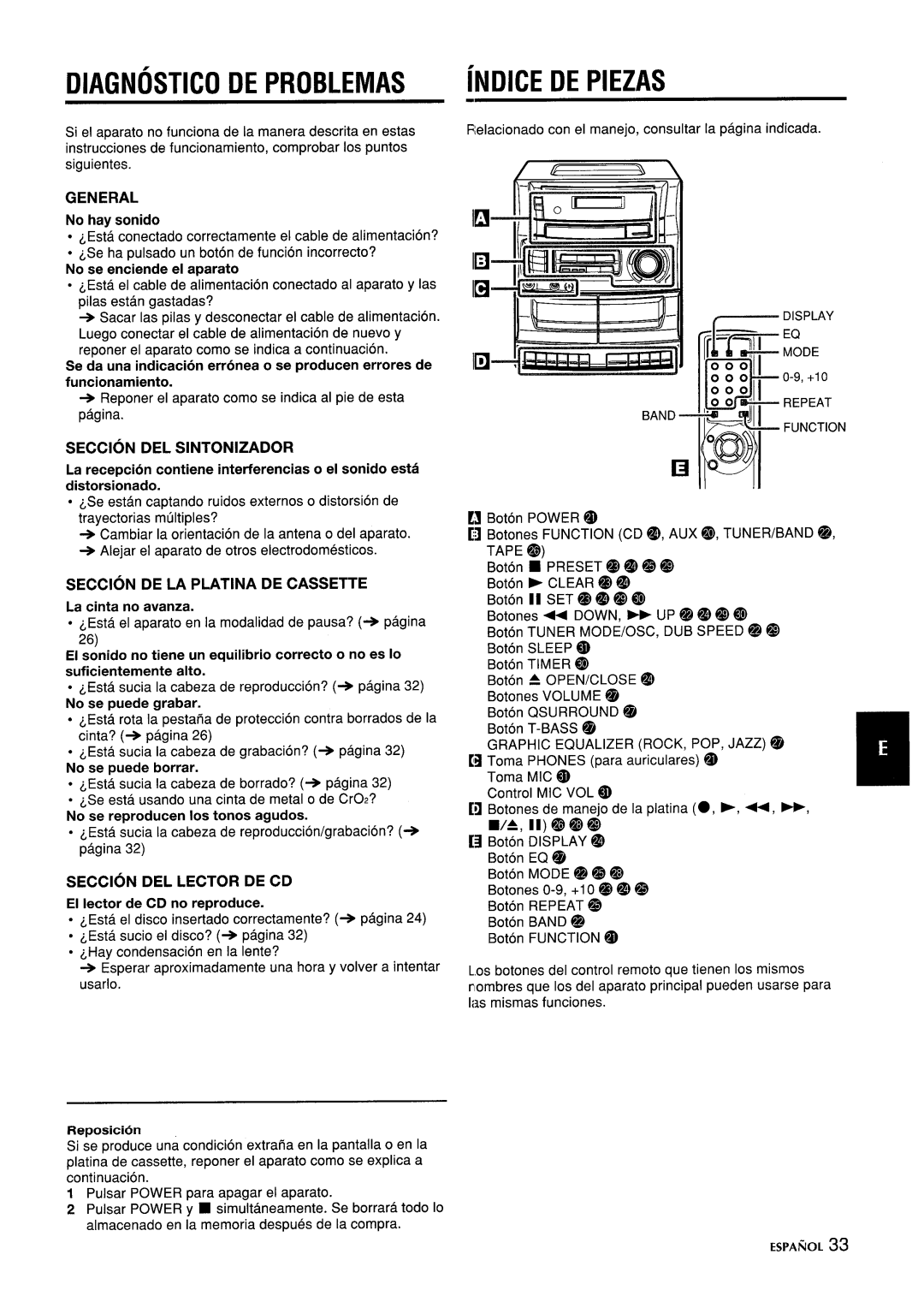 Aiwa CA-DW635 manual Diagnostic DE Problemas, Seccion DEL Sintonizador, Seccion DE LA Platina DE Cassette 