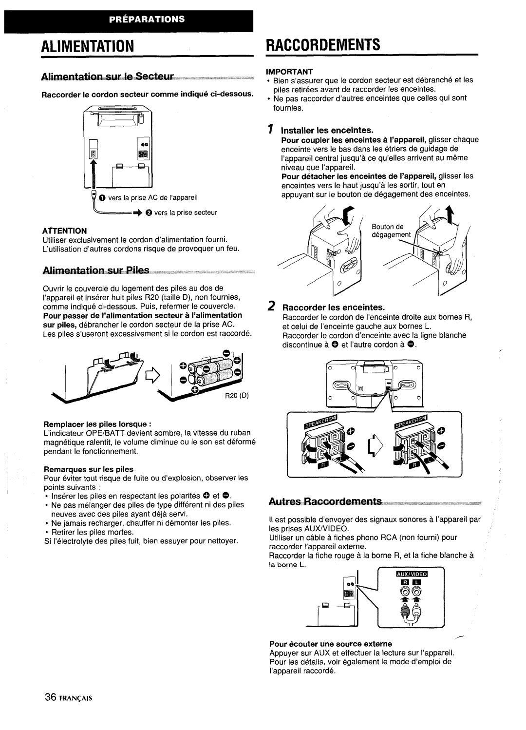 Aiwa CA-DW635 manual Alimentation, Raccordements, ~Tention, Fran~Ais 