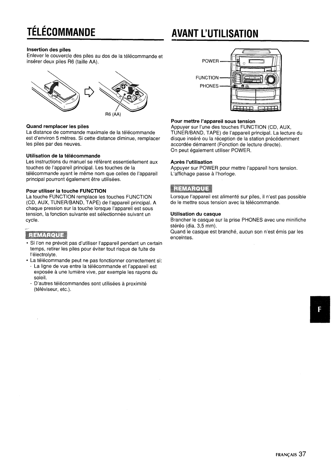 Aiwa CA-DW635 Telecommande, Pour utiliser la touche Function, Pour mettre I’appareil sous tension, Apres I’utilisation 