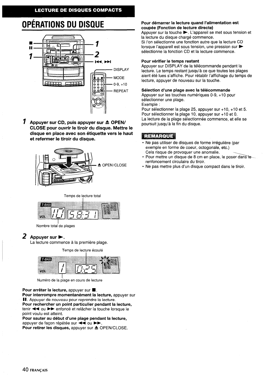 Aiwa CA-DW635 manual Operations DU Disque, Appuyer sur M, Pour rechercher un point particulier pendant la lecture, Frangais 