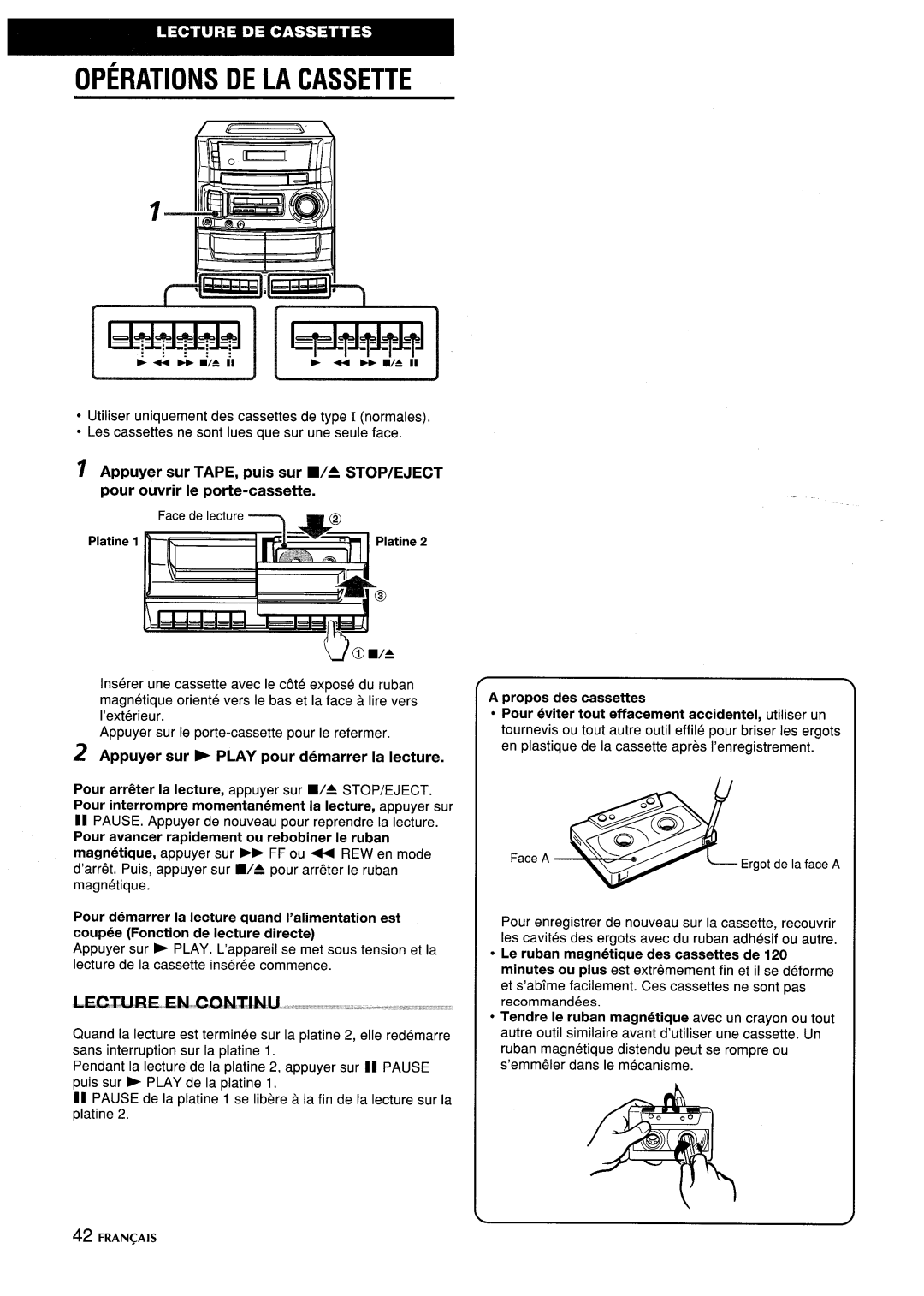 Aiwa CA-DW635 manual Operations DE LA Cassette, Appuyer sur b Play pour demarrer la lecture, Platine 