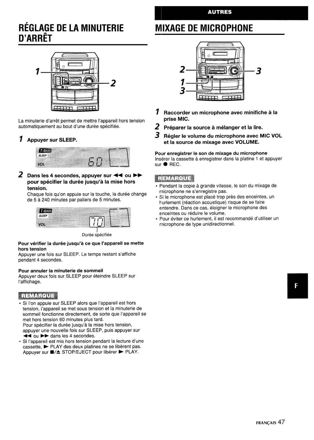 Aiwa CA-DW635 manual Reglage DE LA Minuterie ’ARR~T, Miixage DE Microphone, Pour annuler la minuterie de sommeil 