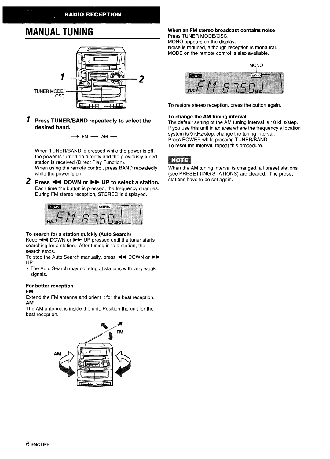 Aiwa CA-DW635 manual Manual Tuning, Press TUNER/BAND repeatedly to select the desired band 