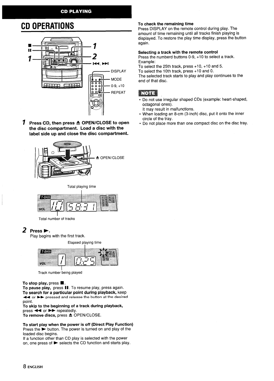 Aiwa CA-DW635 manual CD Operations, Press, To stop play, press, Selecting a track with the remote control 