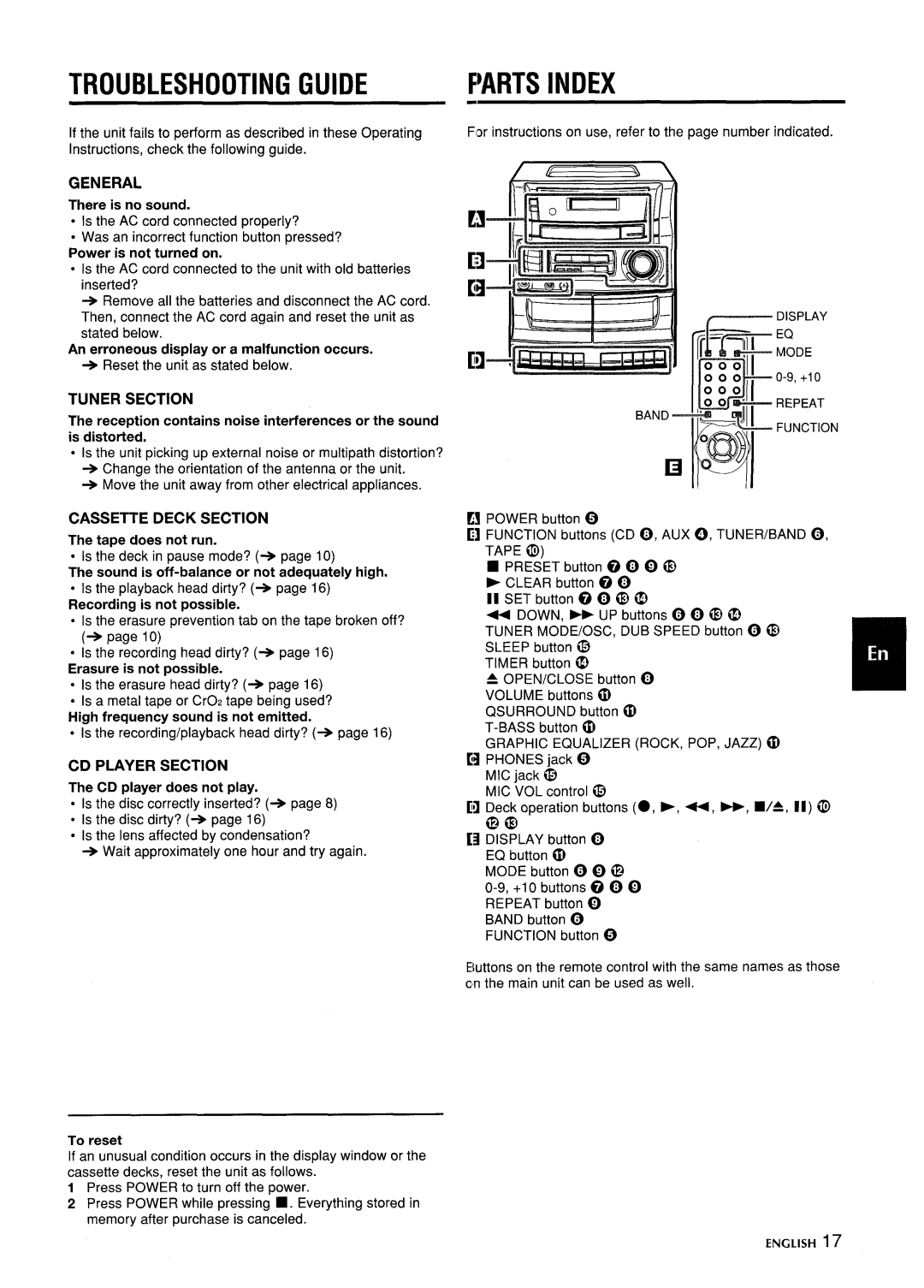 Aiwa CA-DW635 manual Troubleshooting Guide, F~Arts Index, GENERAL There is no sound, Tuner Section, Cassette Deck Section 