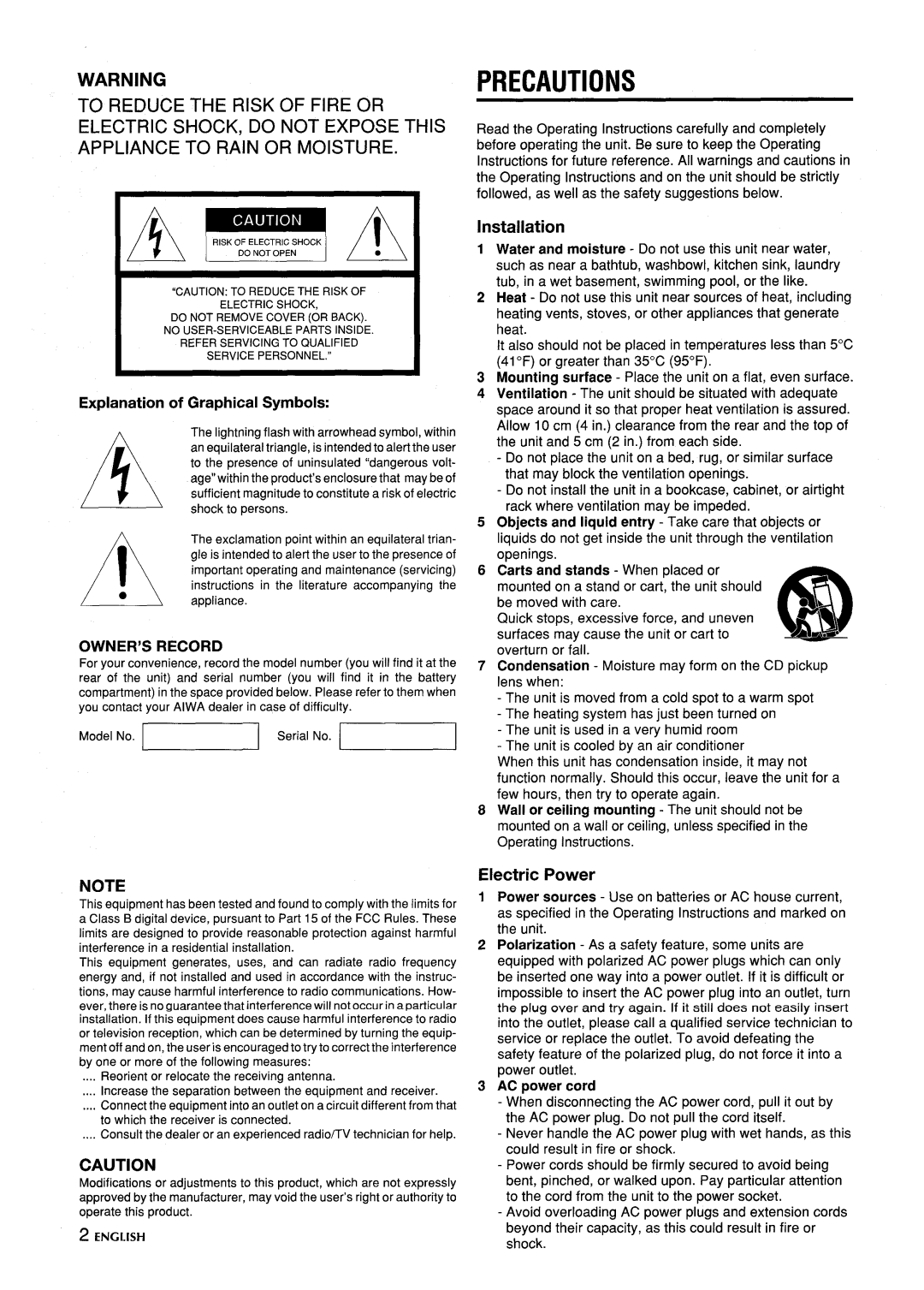 Aiwa CA-DW635 Precautions, Explanation of Graphical Symbols, Installation, Owner’S Record, Electric Power, AC power cord 