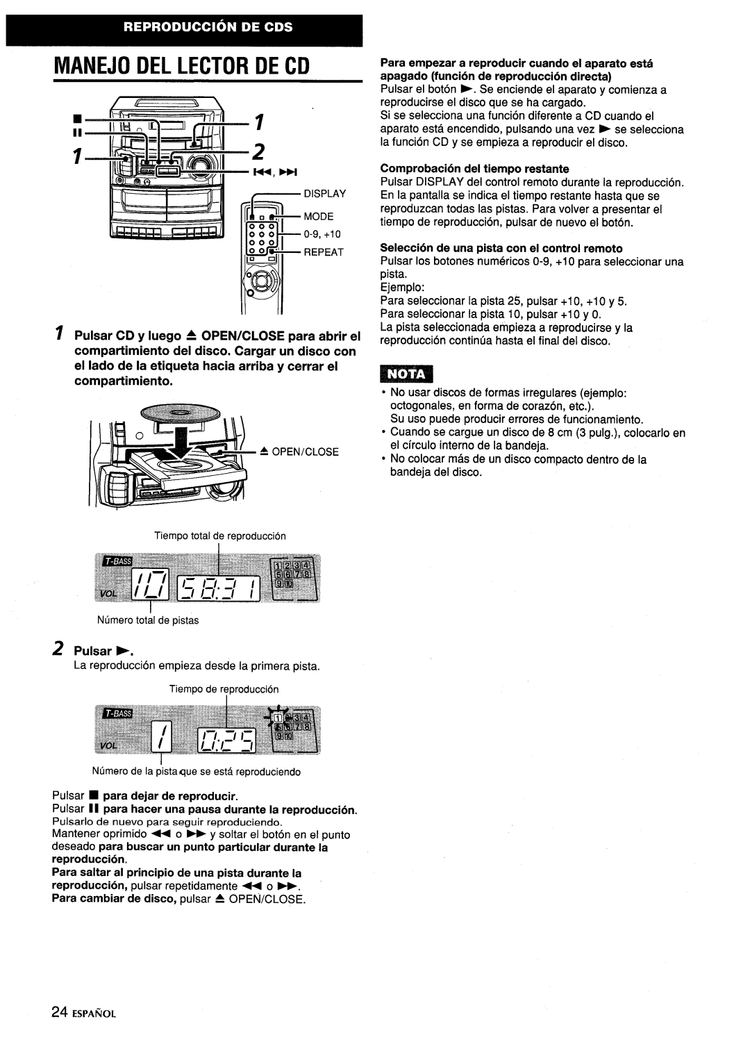 Aiwa CA-DW635 manual Manejo Del Lector De Cd, I Pulsar CD y Iuego A OPEN/CLOSE para abrir el, Pulsar ~, Espa~Ol 
