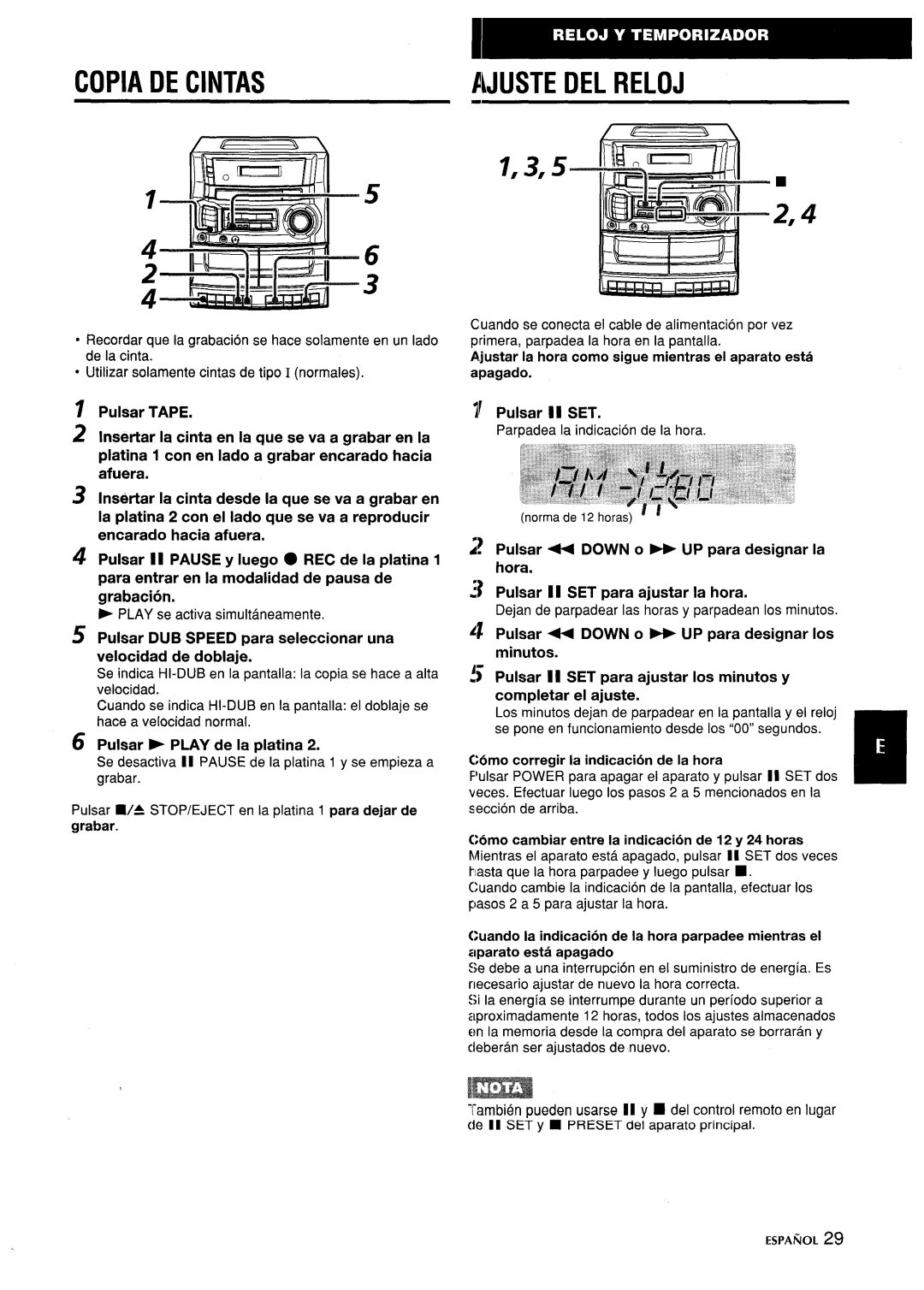 Aiwa CA-DW635 manual Copia De Cintas, 1,3,5, Pulsar TAPE 2 Insertar la cinta en la que se va a grabar en la, Pulsar II SET 