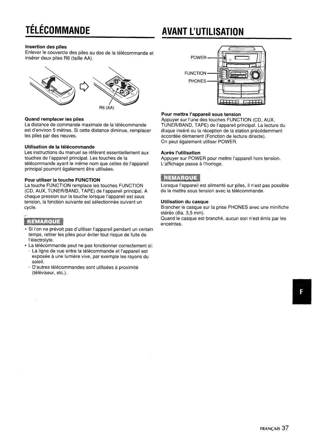 Aiwa CA-DW635 manual Telecommande, Avant L’Utilisation, Insertion des piles, Quand remplacer les piles, Apres I’utilisation 