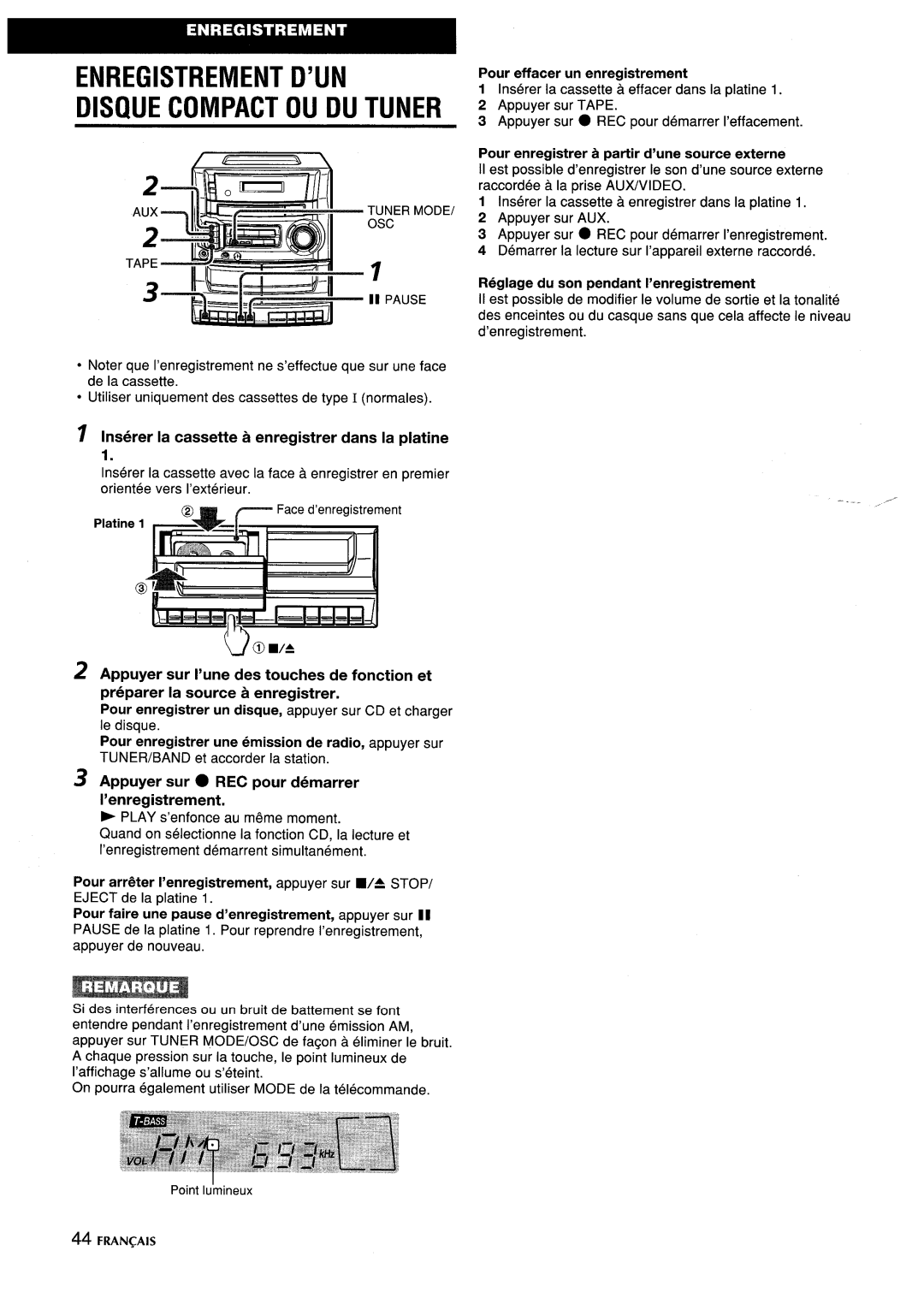 Aiwa CA-DW635 manual ~~-. !5’3 /A ’44““, Enregistrement D’Un Disque Compact Ou Du Tuner, Pour effacer un enregistrement 