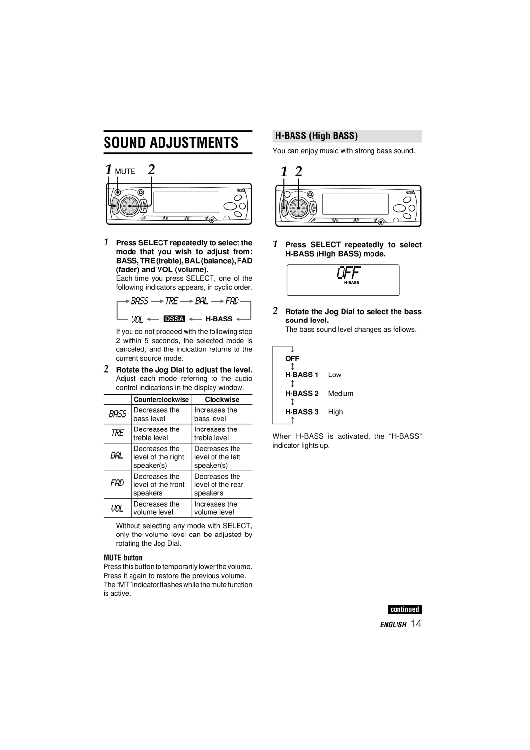 Aiwa CDC-MP3 YU operating instructions Sound Adjustments, Bass High Bass 